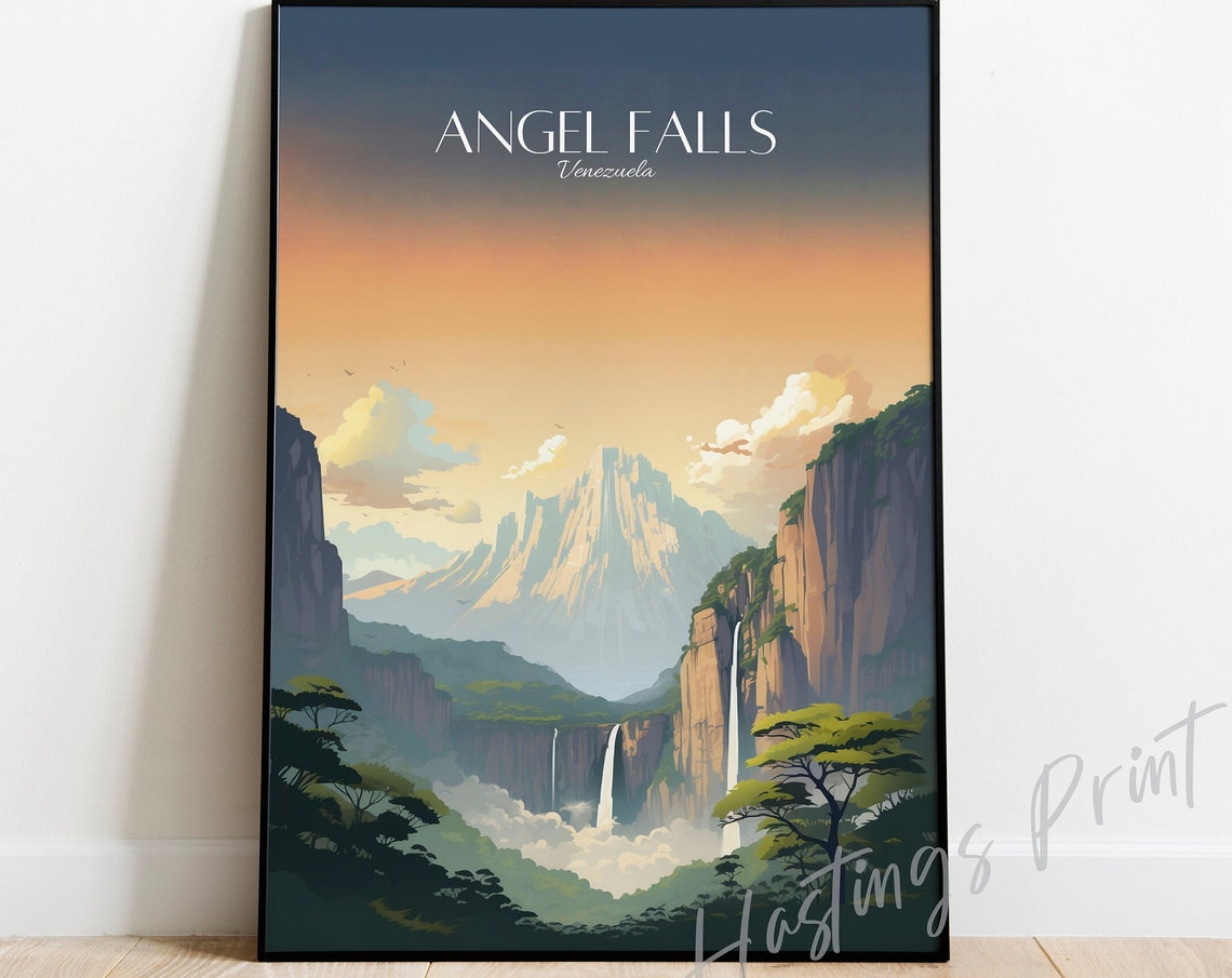 Angel Falls Venezuela Waterfall Sunset Vintage Travel Poster