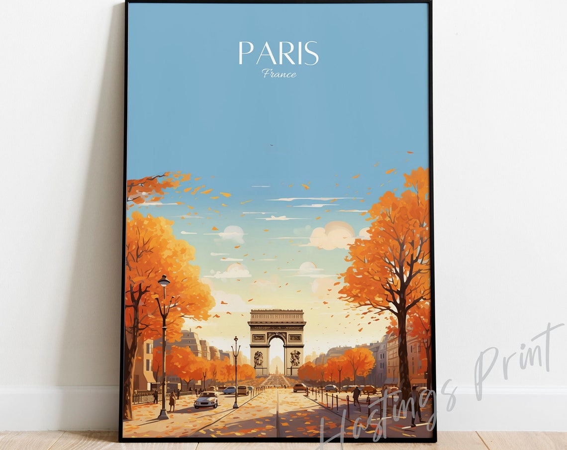 Paris Arc de Triomphe Autumn Orange Street Vintage Travel Poster