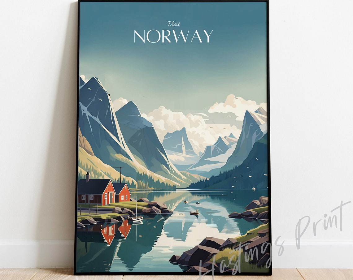Visit Norway Vintage Fjord Travel Poster Red Cabins Mountain View