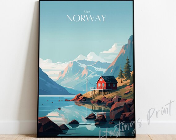 Visit Norway Red Cabin Rocky Shore Mountain Lake Vintage Travel Poster