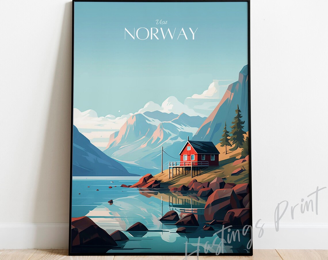 Visit Norway Red Cabin Rocky Shore Mountain Lake Vintage Travel Poster