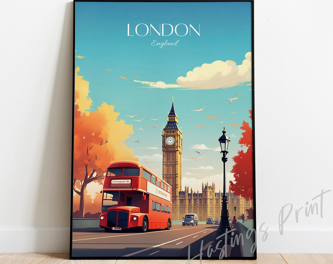 London Red Double Decker Bus Big Ben England Travel Street Poster