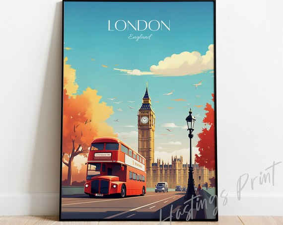 London Travel Print Vintage Skyline Art Custom Text Available