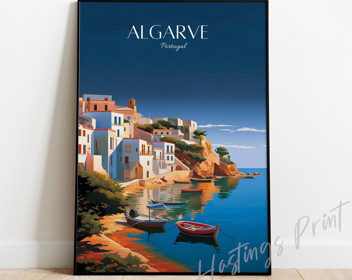 Algarve Portugal Vintage Coastal Travel Poster Cliff Village Boats Night Art