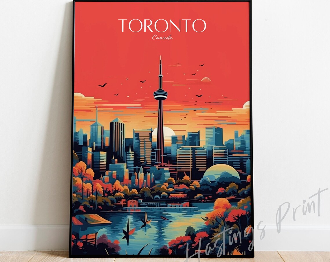 Toronto Canada CN Tower Red Sunset City Skyline Travel Poster