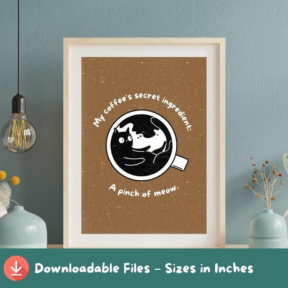 Whimsical Cat Coffee Art Print Black Mug Poster Funny Kawaii Kitchen Wall Decor Cozy Lover Gift