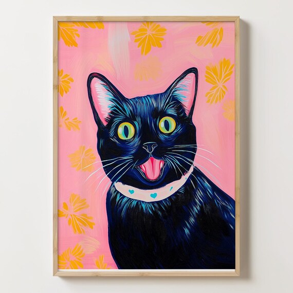Happy Black Cat With Tongue Out on a Pink Floral Background Poster