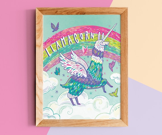 Llamacorn Winged Unicorn Llama Rainbow Fantasy Nursery Print