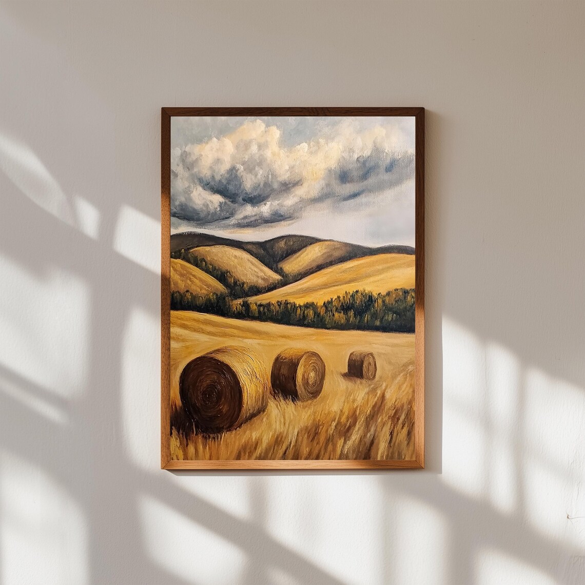 Rustic Countryside Wall Art Golden Hay Bales Landscape Watercolor Farmhouse Autumn Field Painting Country Home Decor Print