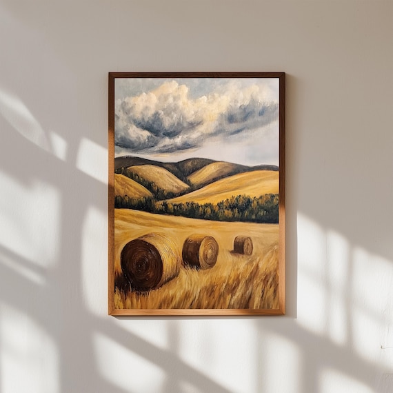 Golden Hay Bales in Rolling Hills Countryside Farm Painting Poster