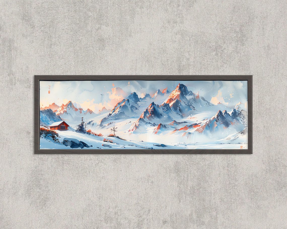 Alaska Snowy Mountain Cabin Winter Watercolor Panoramic Art Print