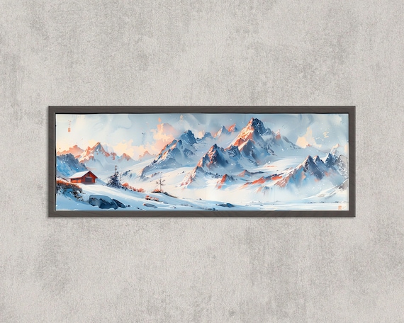 Alaska Snowy Mountain Cabin Winter Watercolor Panoramic Art Print
