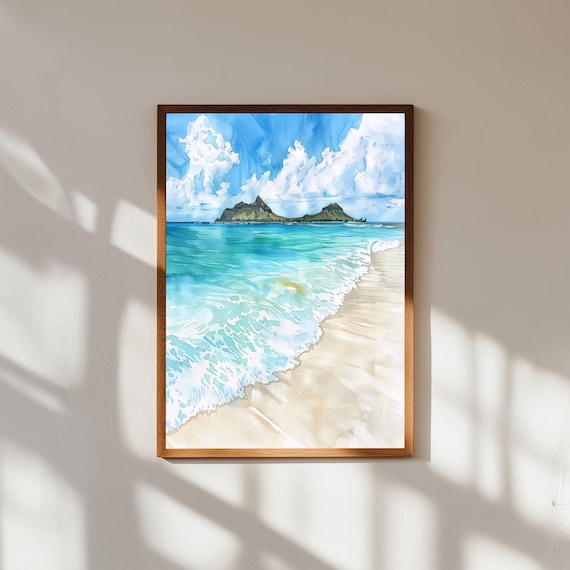 Lanikai Beach Hawaii Turquoise Waves Seascape Watercolor Art Print