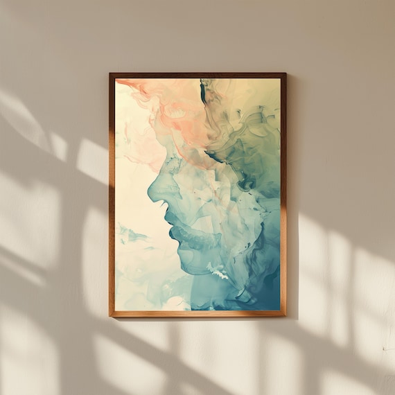 Dreamy Alcohol Ink Woman Profile Fluid Blue Green Wash Art Poster