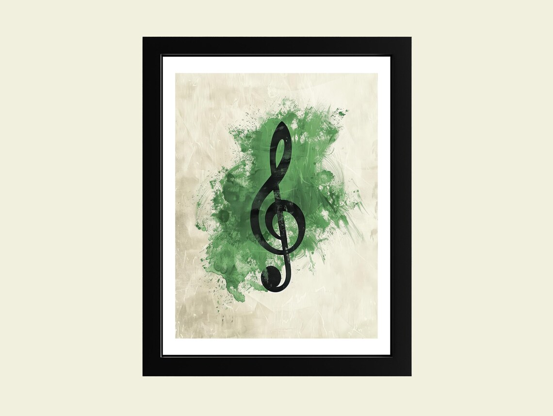 Black Treble Clef on Green Watercolor Splash Minimalist Music Poster