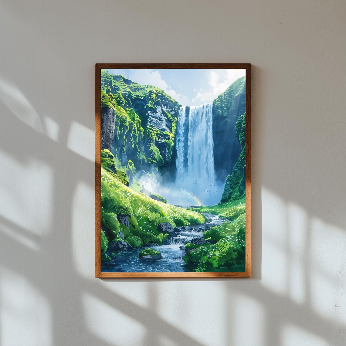 Skogafoss Iceland Waterfall Watercolor Lush Green Canyon Poster