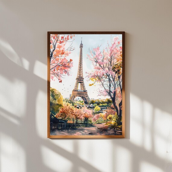 Eiffel Tower Spring Blossom Trees Paris Watercolor Landmark Poster