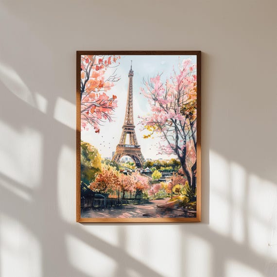Eiffel Tower Spring Watercolor Print Paris Cherry Blossom Wall Art
