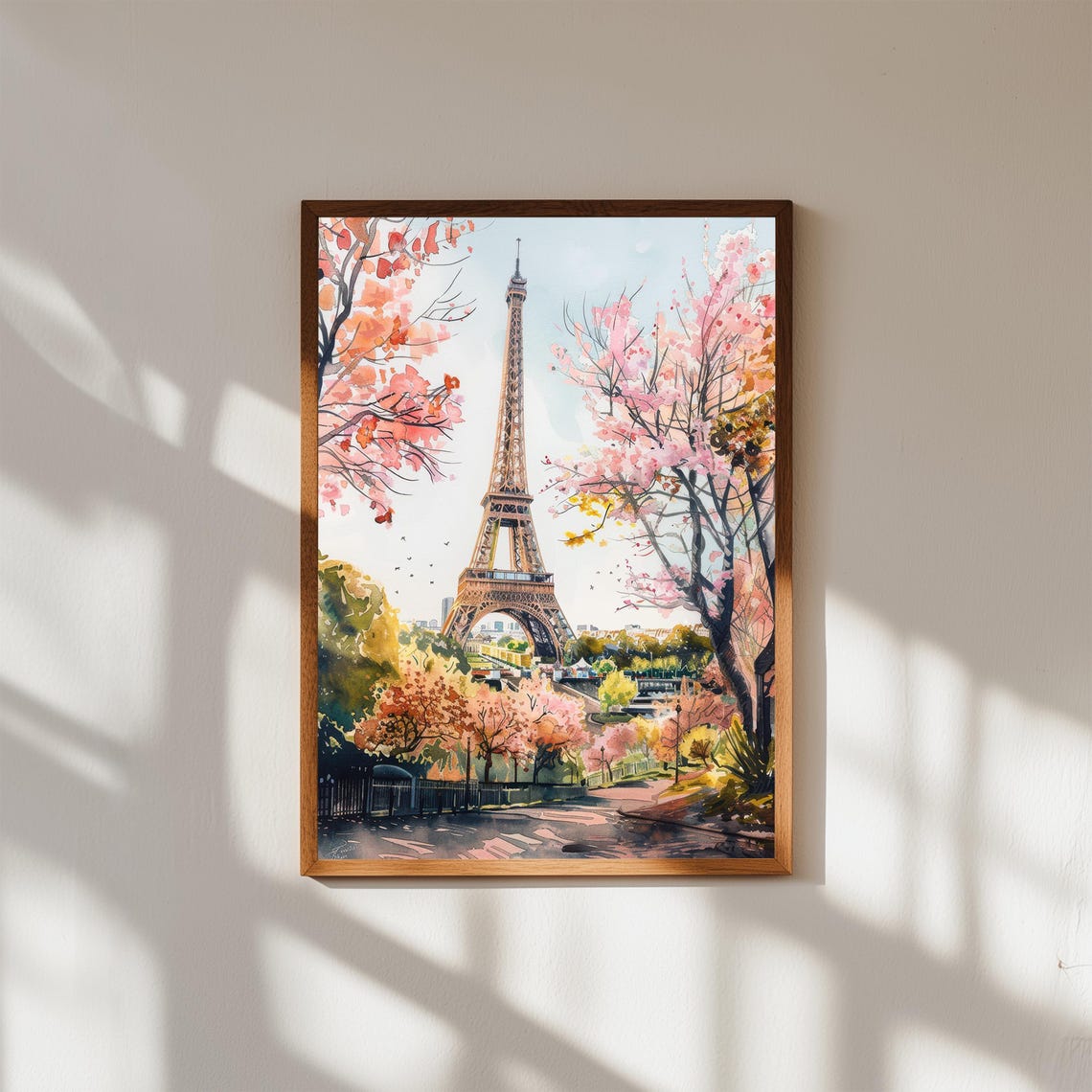 Eiffel Tower Spring Blossom Trees Paris Watercolor Landmark Poster