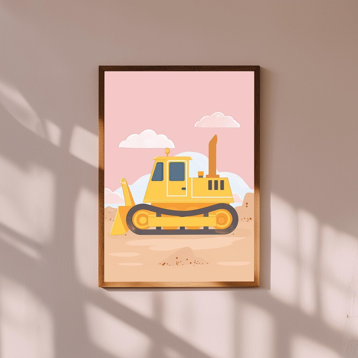 Cheerful Yellow Bulldozer Cartoon Construction Kids Room Art Print