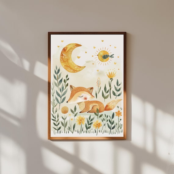 Sleeping Fox Among Flowers Moon And Sun Watercolor Nursery Poster
