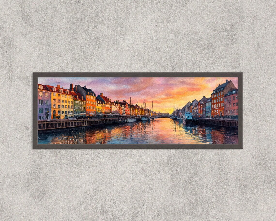 Copenhagen Sunset Panorama, Nyhavn Harbor Art Print