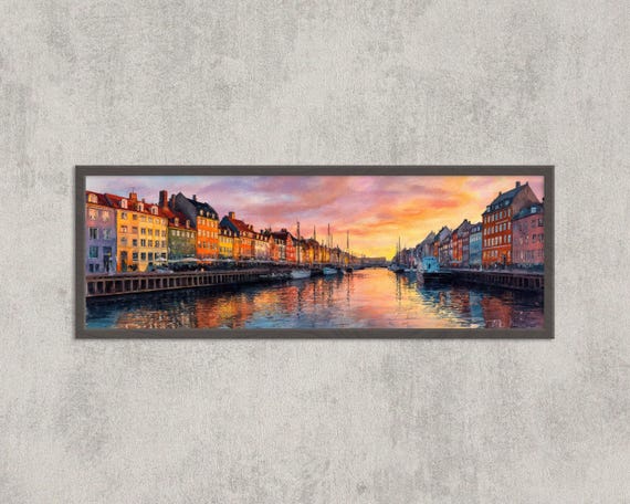 Copenhagen Sunset Panorama, Nyhavn Harbor Art Print