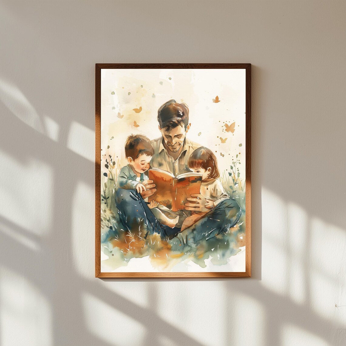Dad Reading to Kids Outdoors Watercolor Art Print with Butterflies