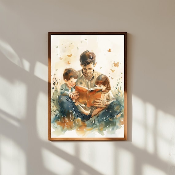 Dad Reading to Kids Outdoors Watercolor Art Print with Butterflies