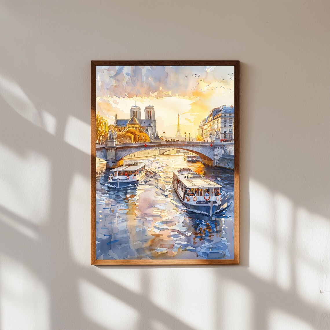 Paris Seine Sunset Riverboats Eiffel Tower Watercolor Poster