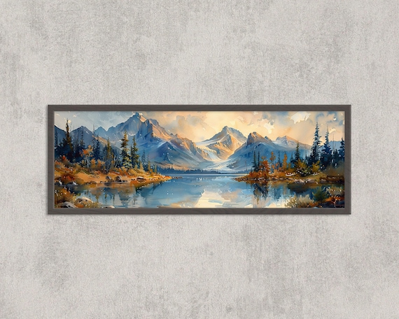 Alpine Mountain Lake Sunrise Reflection Panoramic Watercolor Art Poster