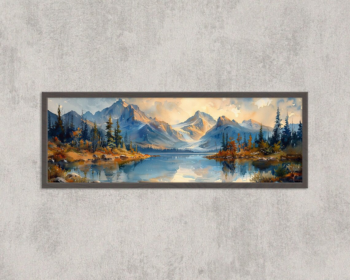 Alpine Mountain Lake Sunrise Reflection Panoramic Watercolor Art Poster