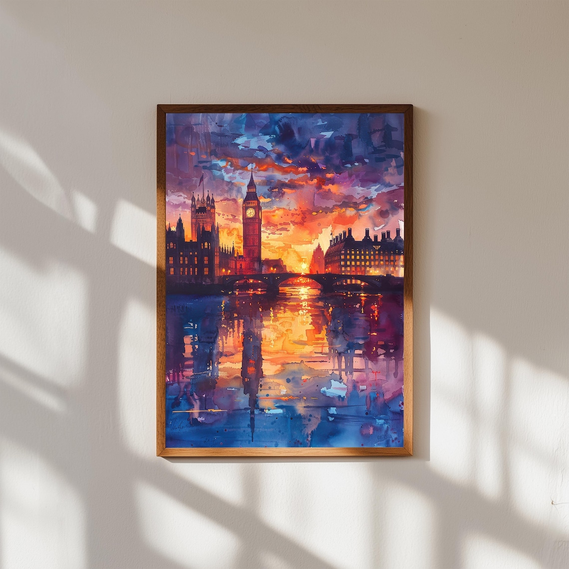 London Big Ben Sunset Watercolor Thames River Skyline Art Print
