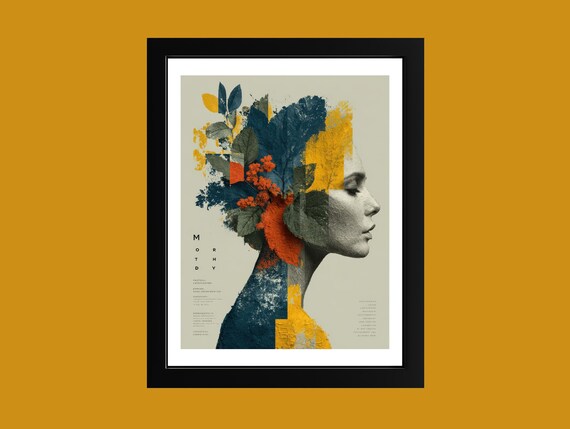 Botanical Woman Portrait Abstract Teal Orange Mixed Media Art Print