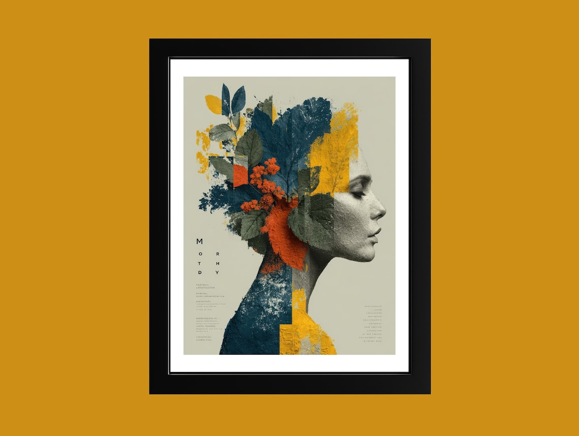 Abstract Woman Profile Autumn Foliage Mixed Media Collage Poster