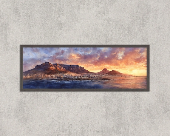 Cape Town Sunset Print, Table Mountain Watercolor Panorama