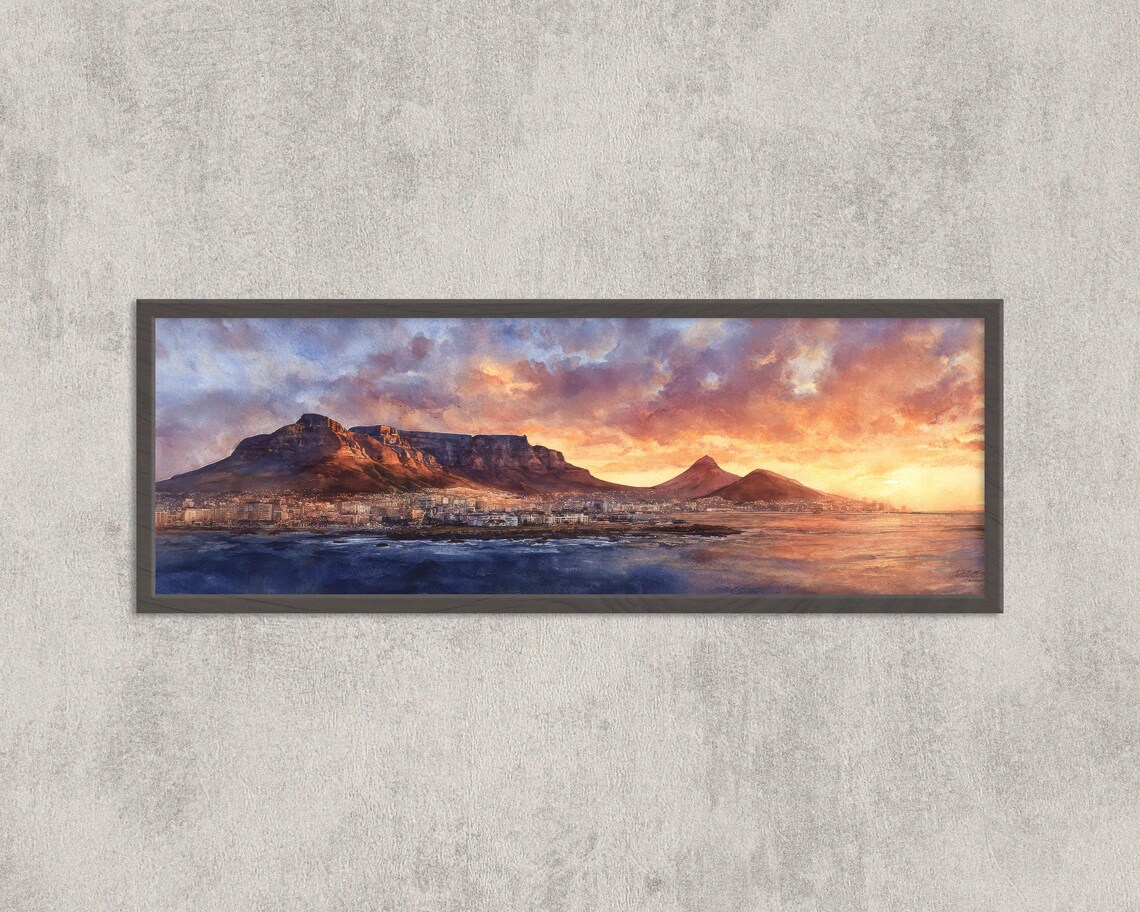 Cape Town Sunset Print, Table Mountain Watercolor Panorama