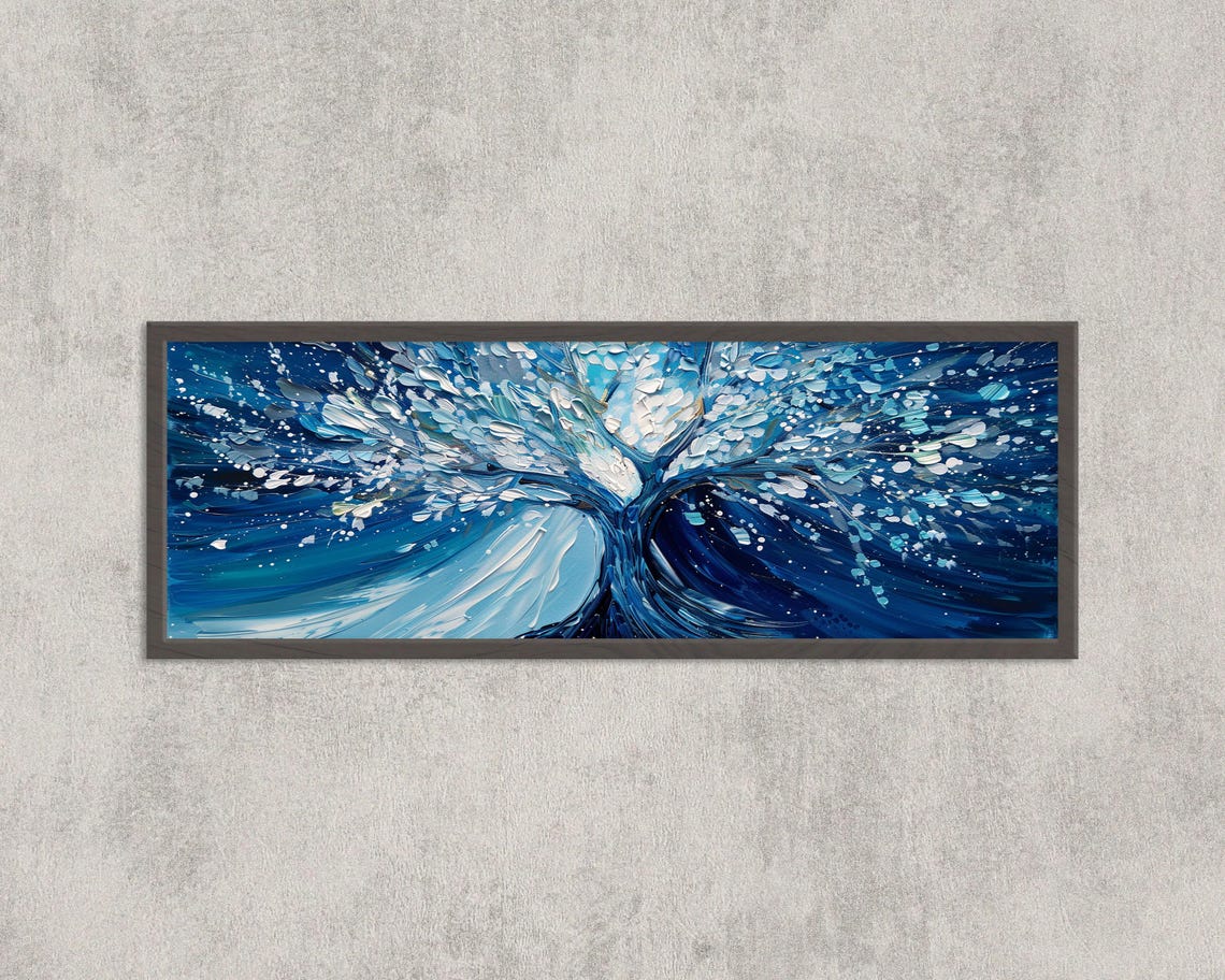 Blue Abstract Tree Textured Ocean Wave Panoramic Modern Art Poster