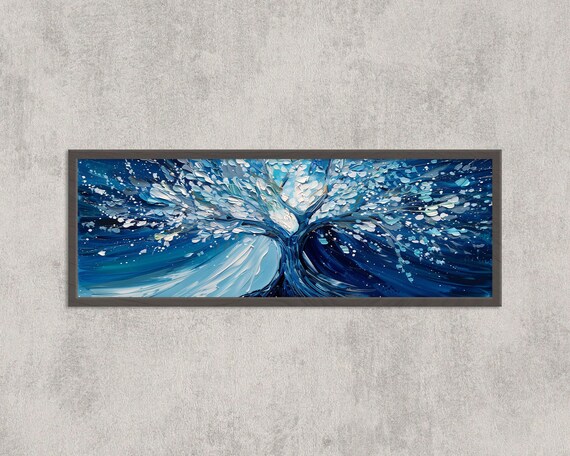 Blue Abstract Tree Painting Textured Ocean Wave Modern Art Print