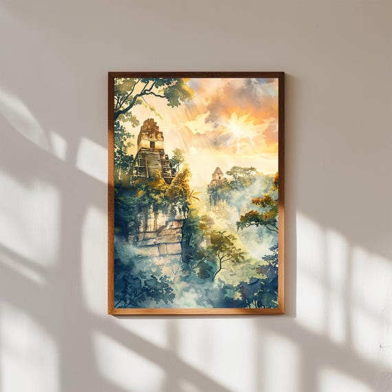 Watercolor Print Of Tikal Mayan Ruins Ancient Jungle Temple Wall Art