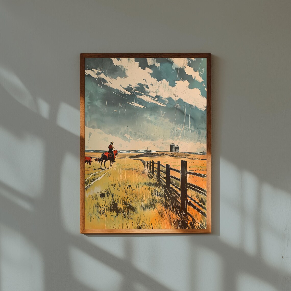 Cowboy Riding Horse Fence Line Golden Field Western Ranch Print