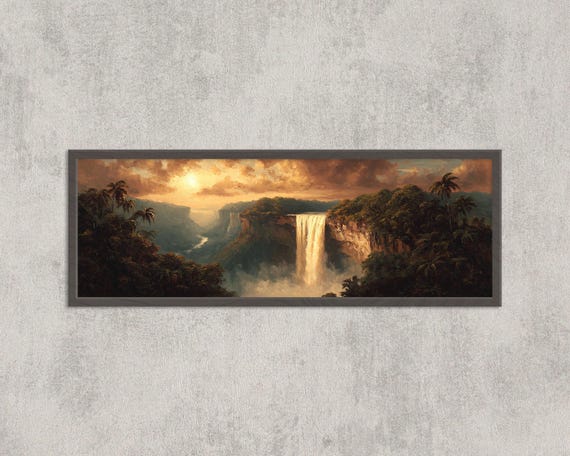 Kaieteur Falls Panoramic Wall Art Epic Waterfall Jungle Painting Golden Sunset Nature Print