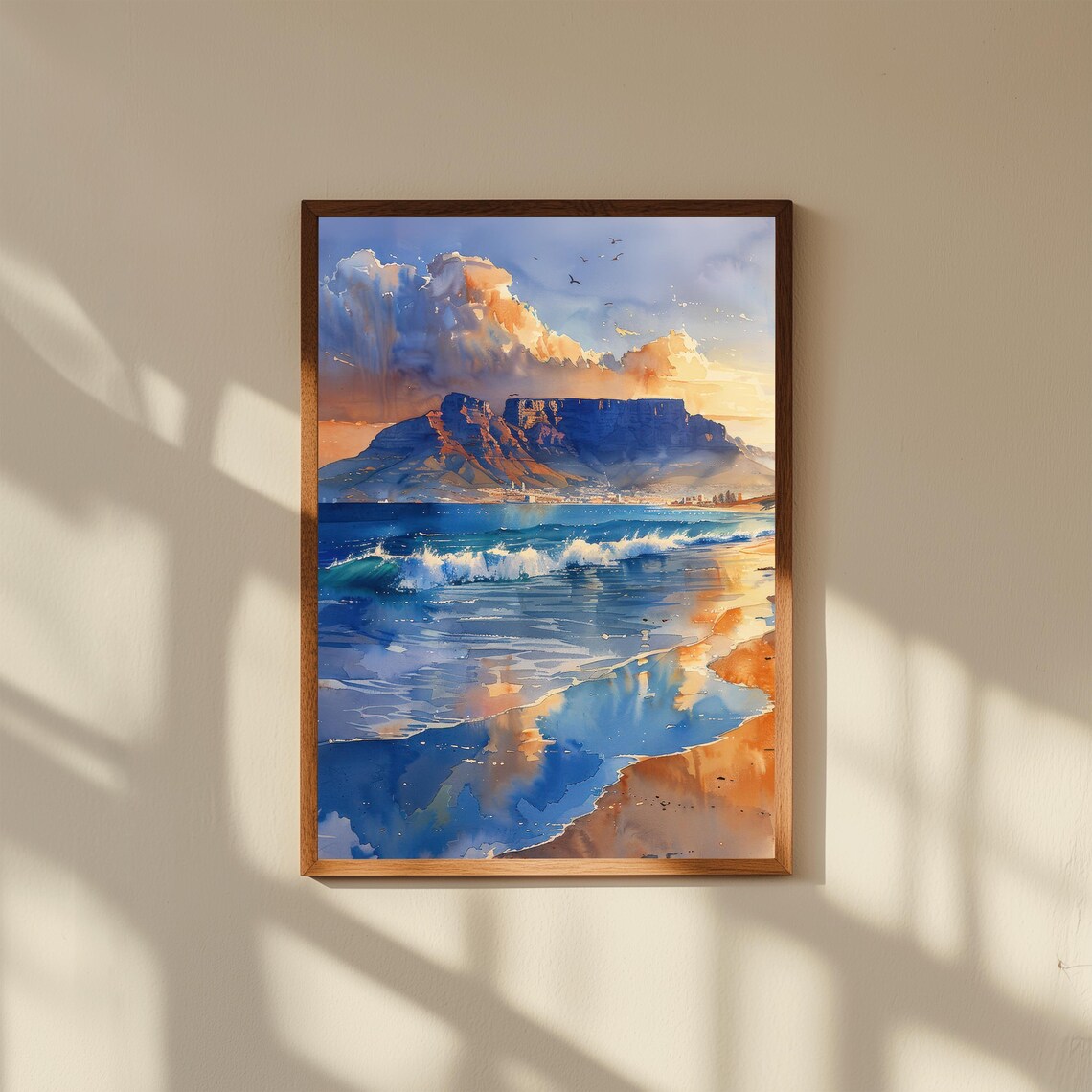 Table Mountain Cape Town Sunset Beach Watercolor Scenic Travel Poster