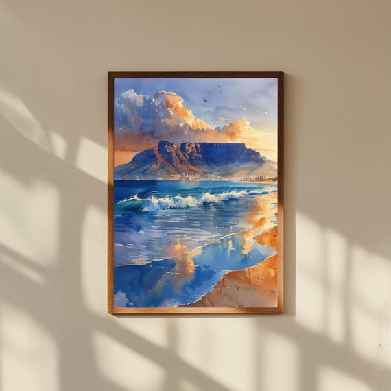 Watercolor Painting Of Table Mountain Cape Town South African Landscape Wall Art Print Iconic Nature Travel Poster