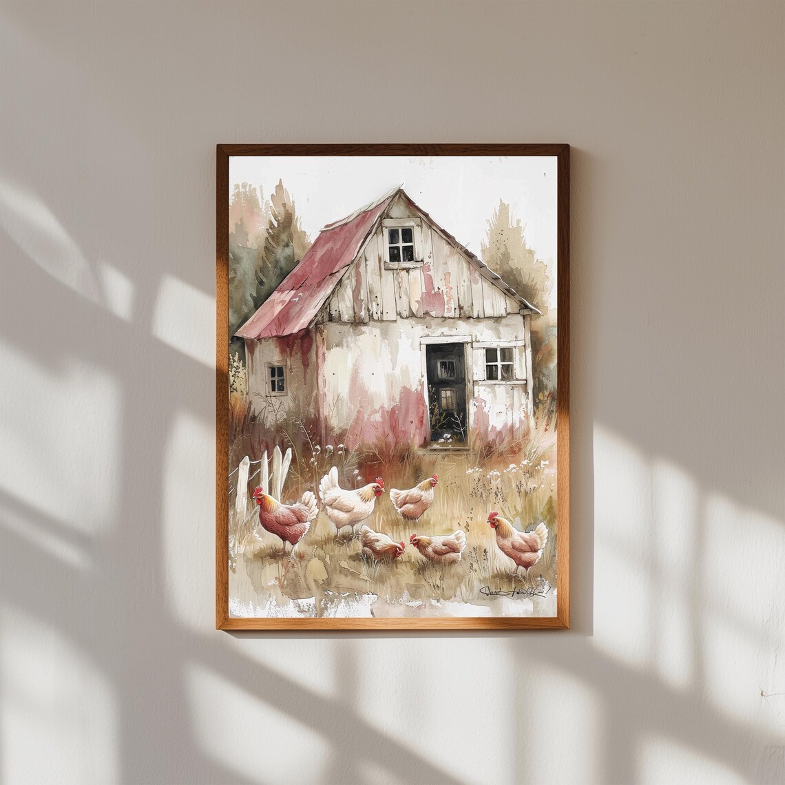 Farmhouse Chickens Gathering Before Weathered White Barn Poster