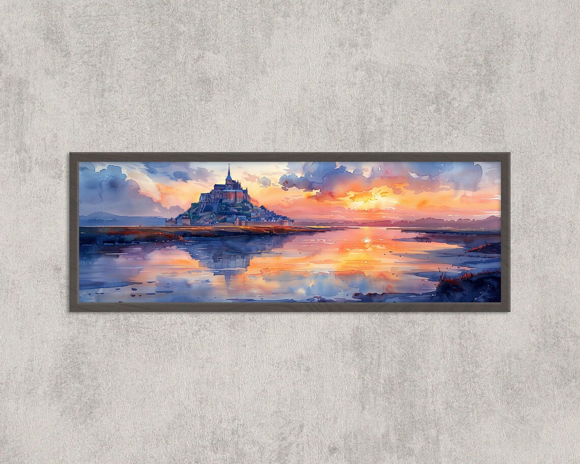 Mont Saint-Michel Watercolor Sunset Landscape Art Print
