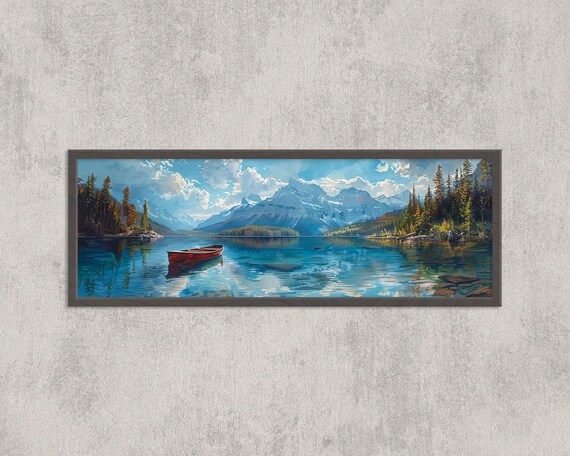 Peyto Lake Banff Red Canoe Turquoise Rocky Panoramic Art Poster