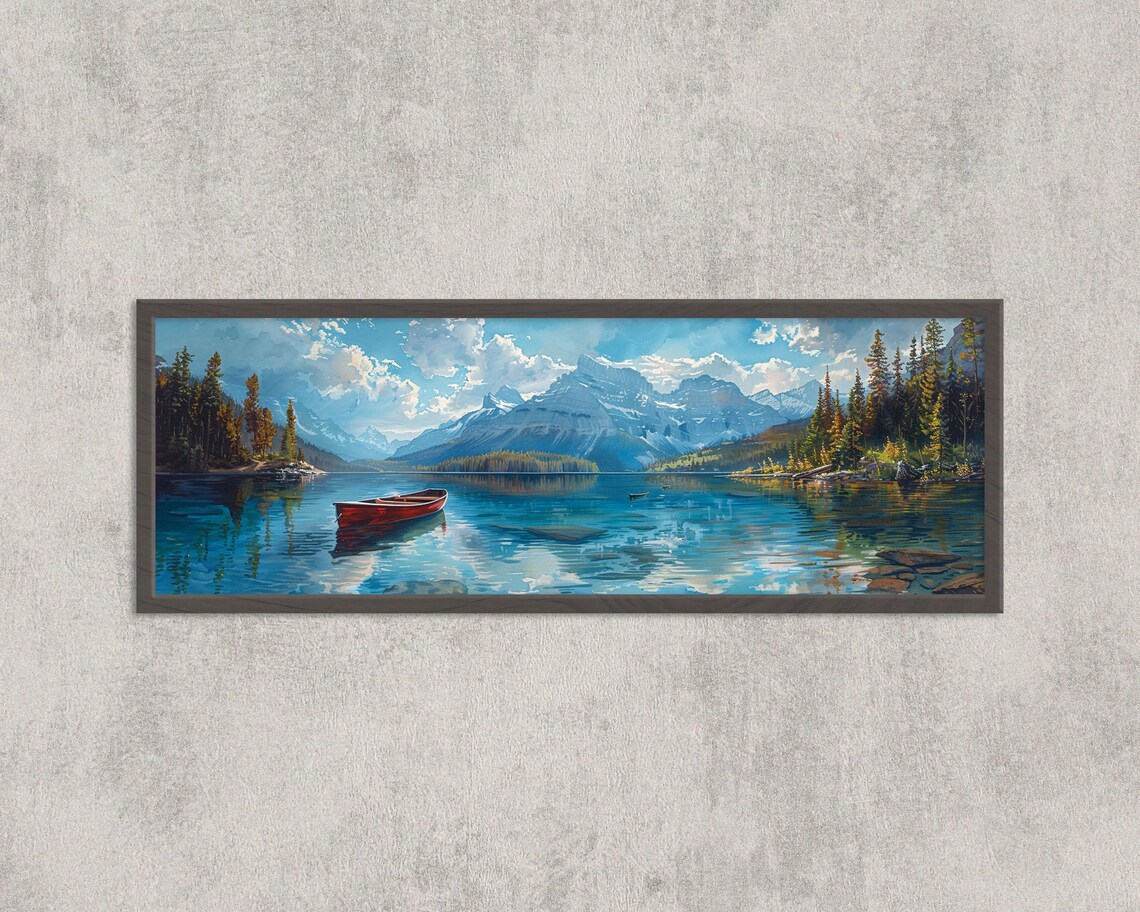 Peyto Lake Banff Red Canoe Turquoise Rocky Panoramic Art Poster