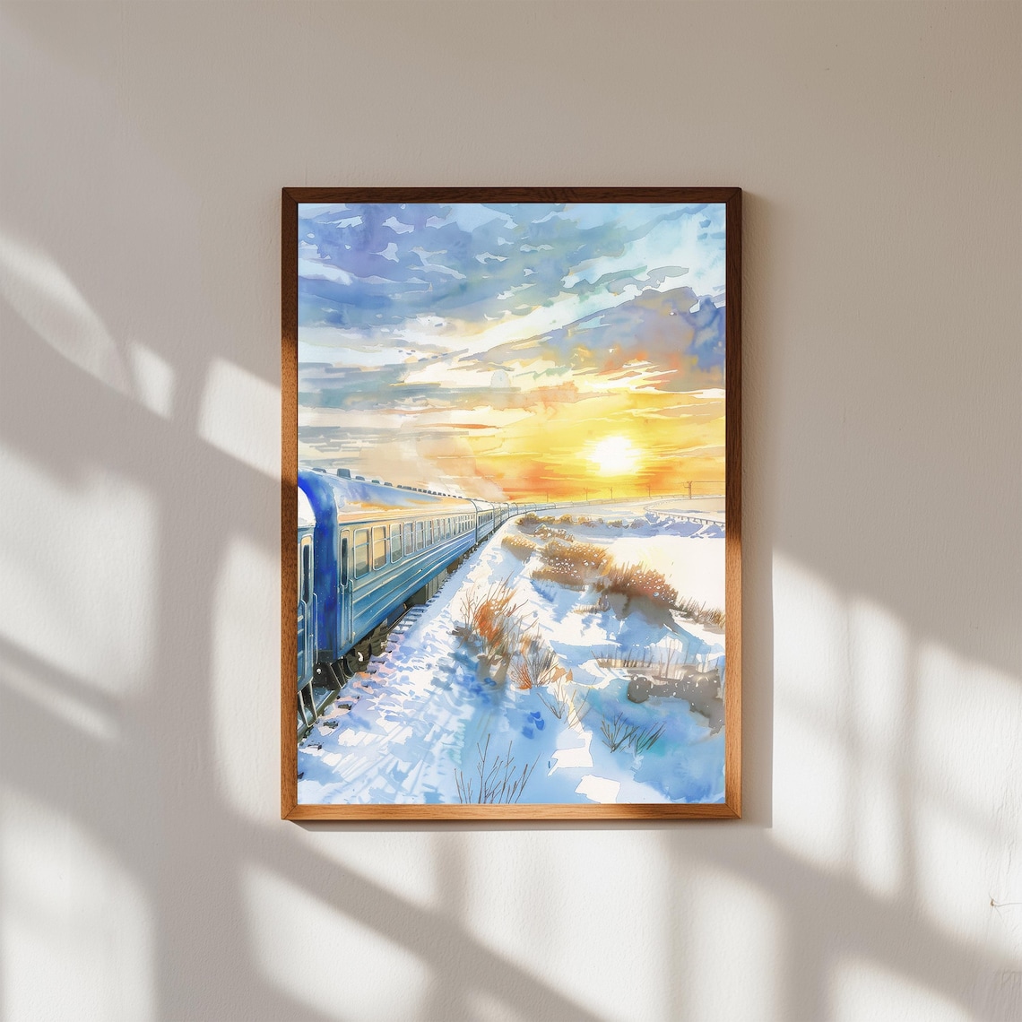 Trans Siberian Winter Train Snowy Sunset Watercolor Travel Poster