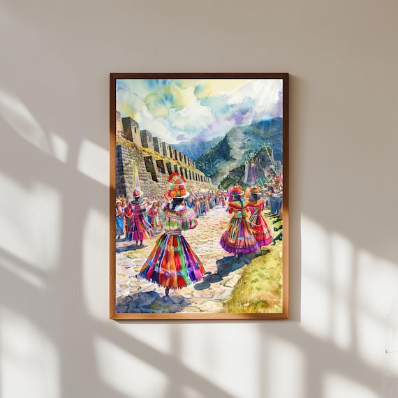 Inti Raymi Festival Watercolor Peru Dancers Colorful Costumes Inca Print